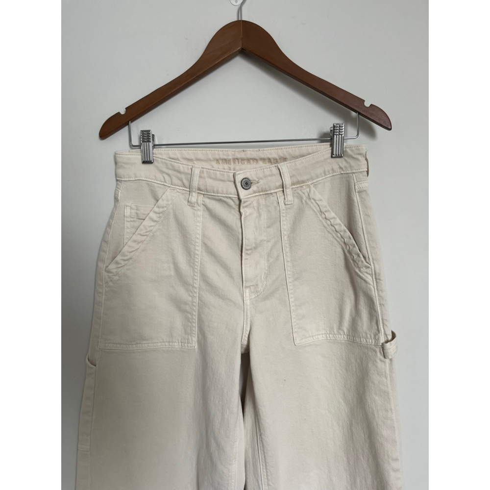 Beige Wide Leg Carpenter Pants High Rise Off White Raw Hem American Eagle Pants - Picture 2 of 7